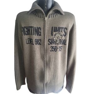 Vintage Y2K Men's Dark Olive Green Full Zip High Neck Sweater Size L